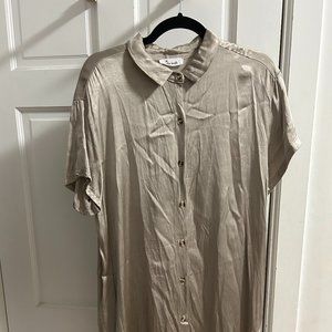 Silky Beige Short Sleeve Shirt Dress Tunic Button Down